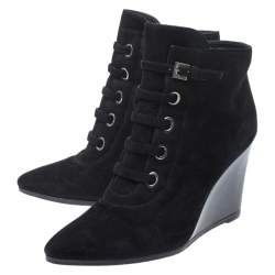 Stuart Weitzman Black Suede And Patent Leather Wedge Lace Detail Ankle Boots Size 38.5