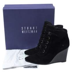 Stuart Weitzman Black Suede And Patent Leather Wedge Lace Detail Ankle Boots Size 38.5
