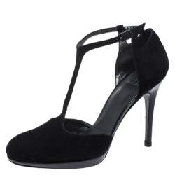 Pre Owned Stuart Weitzman Black Suede T Strap Ankle Strap Pumps Size 39