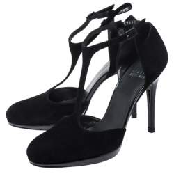 Pre Owned Stuart Weitzman Black Suede T Strap Ankle Strap Pumps Size 39