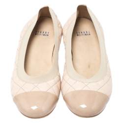 Stuart Weitzman Beige Quilted Leather And Patent Cap Toe Scrunch Ballet Flat Size 38.5