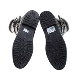 Pre Owned Stuart Weitzman Black Croc Embossed Faux Leather And Faux Fur Trim Mid Calf Boots Size 41