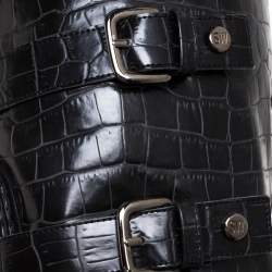 Pre Owned Stuart Weitzman Black Croc Embossed Faux Leather And Faux Fur Trim Mid Calf Boots Size 41