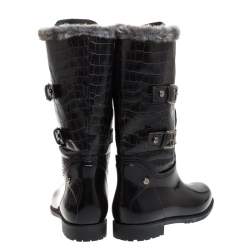 Pre Owned Stuart Weitzman Black Croc Embossed Faux Leather And Faux Fur Trim Mid Calf Boots Size 41