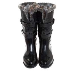 Pre Owned Stuart Weitzman Black Croc Embossed Faux Leather And Faux Fur Trim Mid Calf Boots Size 41