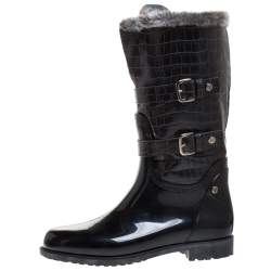 Pre Owned Stuart Weitzman Black Croc Embossed Faux Leather And Faux Fur Trim Mid Calf Boots Size 41