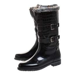 Pre Owned Stuart Weitzman Black Croc Embossed Faux Leather And Faux Fur Trim Mid Calf Boots Size 41