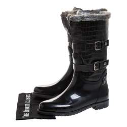 Pre Owned Stuart Weitzman Black Croc Embossed Faux Leather And Faux Fur Trim Mid Calf Boots Size 41
