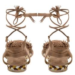 Stuart Weitzman Beige Suede Fringe Knot Ankle Tie Up Sandals Size 38