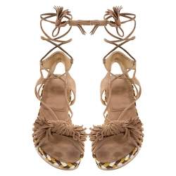 Stuart Weitzman Beige Suede Fringe Knot Ankle Tie Up Sandals Size 38