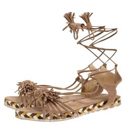 Stuart Weitzman Beige Suede Fringe Knot Ankle Tie Up Sandals Size 38