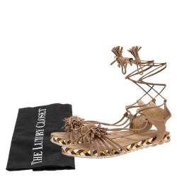 Stuart Weitzman Beige Suede Fringe Knot Ankle Tie Up Sandals Size 38