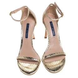 Stuart Weitzman Gold Python Embossed Leather Ankle Strap Open Toe Sandals Size 37