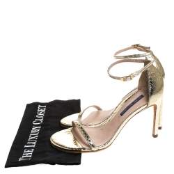 Stuart Weitzman Gold Python Embossed Leather Ankle Strap Open Toe Sandals Size 37