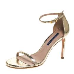 Stuart Weitzman Gold Python Embossed Leather Ankle Strap Open Toe Sandals Size 37