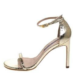 Stuart Weitzman Gold Python Embossed Leather Ankle Strap Open Toe Sandals Size 37