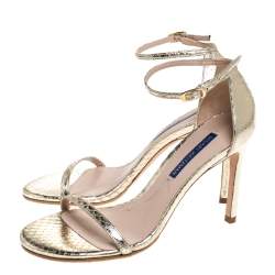 Stuart Weitzman Gold Python Embossed Leather Ankle Strap Open Toe Sandals Size 37