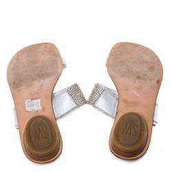 Pre Owned Stuart Weitzman Silver Leather Crystal Embellished Toe Ring Flats Size 37.5