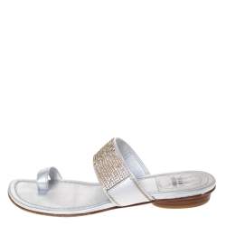 Pre Owned Stuart Weitzman Silver Leather Crystal Embellished Toe Ring Flats Size 37.5