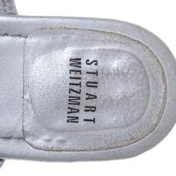 Pre Owned Stuart Weitzman Silver Leather Crystal Embellished Toe Ring Flats Size 37.5