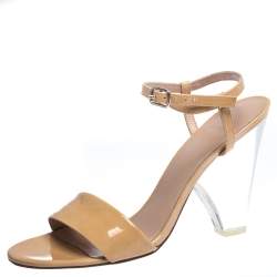 Stuart Weitzman Beige Patent Leather Nearlynude Lucite Ankle Strap Sandals Size 40