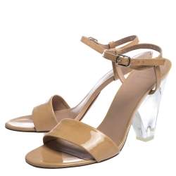 Stuart Weitzman Beige Patent Leather Nearlynude Lucite Ankle Strap Sandals Size 40