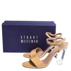 Stuart Weitzman Beige Patent Leather Nearlynude Lucite Ankle Strap Sandals Size 40