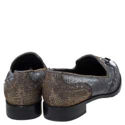 Pre Owned Stuart Weitzman For Russell & Bromley Black/Gold Lamé Fabric Tassel Detail Slip On Loafers Size 38