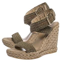Stuart Weitzman Khaki Woven Fabric Espadrille Wedge Sandals Size 39