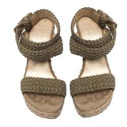 Stuart Weitzman Khaki Woven Fabric Espadrille Wedge Sandals Size 39