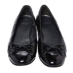Pre Owned Stuart Weitzman Black Quilted Patent Leather Bow Ballet Flats Size 39.5
