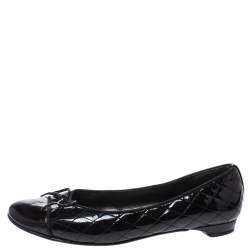 Pre Owned Stuart Weitzman Black Quilted Patent Leather Bow Ballet Flats Size 39.5