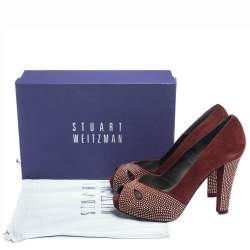 Stuart Weitzman Burgundy Suede Studded Cut Out Peep Toe Platform Pumps Size 38.5
