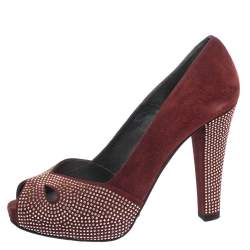 Stuart Weitzman Burgundy Suede Studded Cut Out Peep Toe Platform Pumps Size 38.5