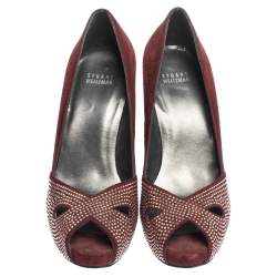 Stuart Weitzman Burgundy Suede Studded Cut Out Peep Toe Platform Pumps Size 38.5