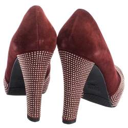 Stuart Weitzman Burgundy Suede Studded Cut Out Peep Toe Platform Pumps Size 38.5
