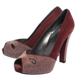 Stuart Weitzman Burgundy Suede Studded Cut Out Peep Toe Platform Pumps Size 38.5