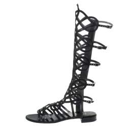 Pre Owned Stuart Weitzman Black Leather Aphrodite Gladiator Flat Sandals Size 38.5 