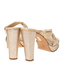 Stuart Weitzman Beige Twist Leather And Silver Glitter Platform Slide Sandals Size 39.5