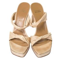 Stuart Weitzman Beige Twist Leather And Silver Glitter Platform Slide Sandals Size 39.5