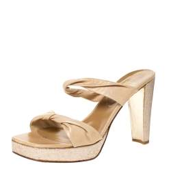 Stuart Weitzman Beige Twist Leather And Silver Glitter Platform Slide Sandals Size 39.5