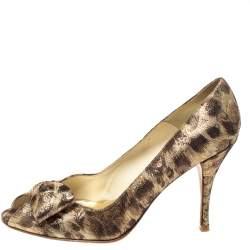 Stuart Weitzman Metallic Lamé Fabric Leopard Print Bow Peep Toe Pumps Size 39.5