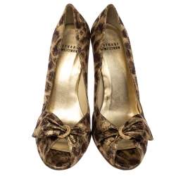 Stuart Weitzman Metallic Lamé Fabric Leopard Print Bow Peep Toe Pumps Size 39.5