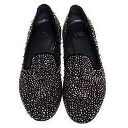 Pre Owned Stuart Weitzman Black Embellished Suede Leather Slip On Smoking Slippers Size 40