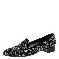 Pre Owned Stuart Weitzman Black Embellished Suede Leather Slip On Smoking Slippers Size 40