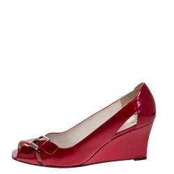 Stuart Weitzman Red Patent Leather Buckle Detail Open Toe Wedge Pumps Size 40