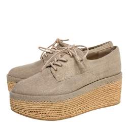 Stuart Weitzman Beige Canvas Lace Up Flat Platform Oxford Size 37