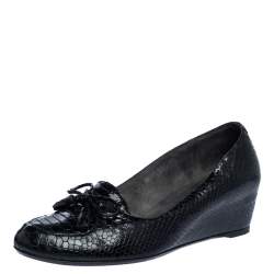 Stuart Weitzman Black Python Embossed Leather Wedge Bow Detail Loafer Pumps Size 38