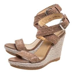 Stuart Weitzman Beige Leather And Espadrille Ankle Wrap Wedges Size 39