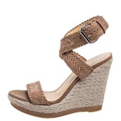 Stuart Weitzman Beige Leather And Espadrille Ankle Wrap Wedges Size 39